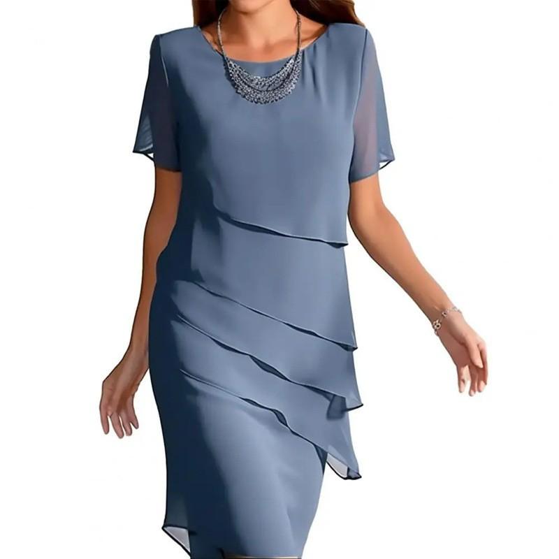 2026 Amazon Independent Station New Summer Slim Dress Splicing Chiffon Crew Neck Short Sleeve Dress Women