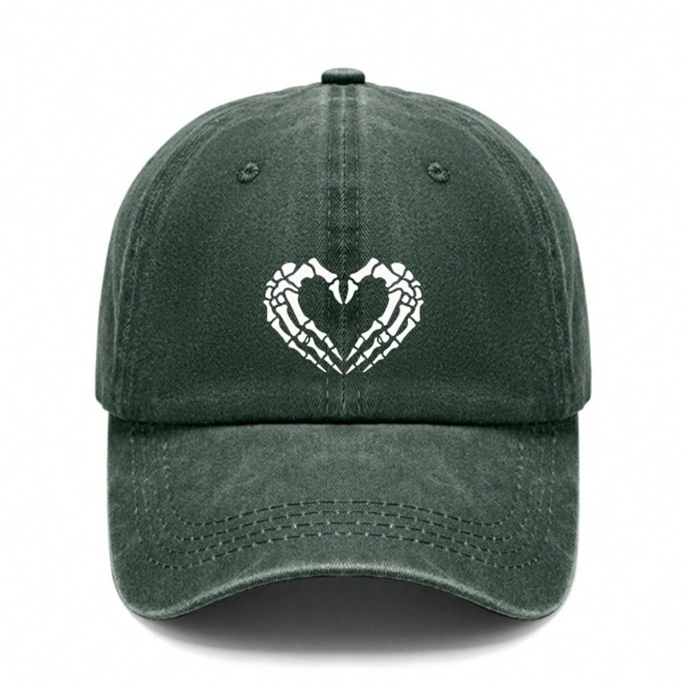 [Skeleton Heart Baseball Cap] Unisex Vintage Washed Print Polyester Adjustable Breathable Casual Streetwear Daily Wear Baseball Hat - Dad Cap