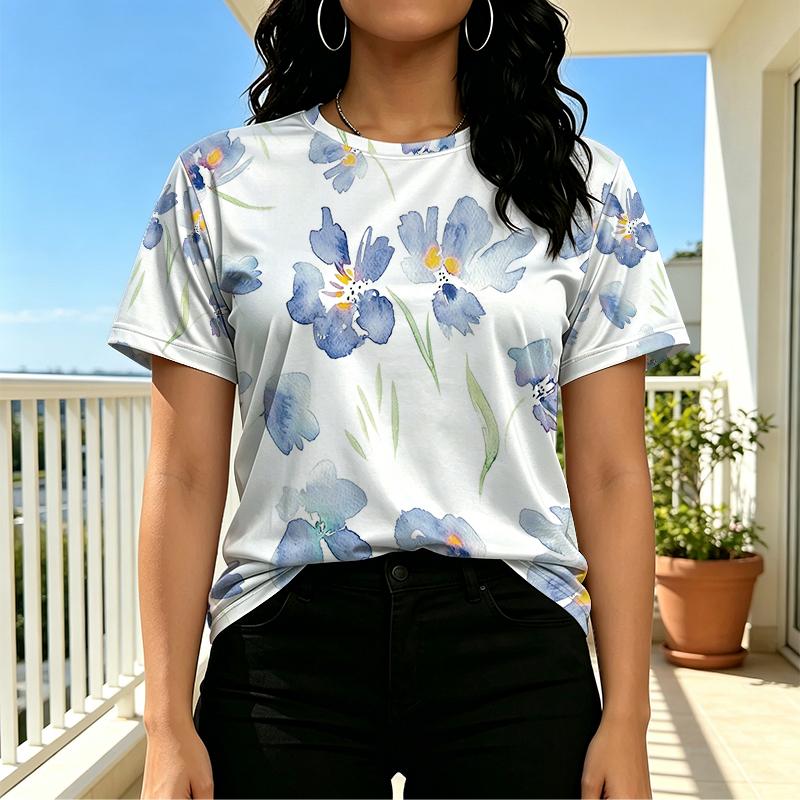 Women’s Summer Short Sleeve Top Relaxed Loose Fit, Soft Watercolor Design, Basic Inner Top for Casual Daily, Park Stroll