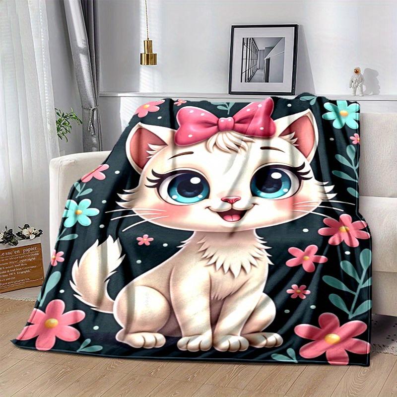 1pc Cute Cartoon Cat with Pink Bowknot Blanket - Seasonal Home Decor, Throw Blanket for Room, for Decorating Your Own Sofa and Living Room,