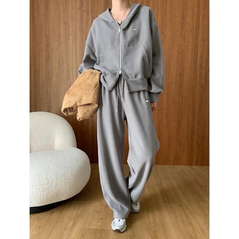 Осенняя мода Двойная молния Ленивый Повседневный свитшот с капюшоном Завязка Широкие брюки Костюм Ранняя осень Новый стиль
