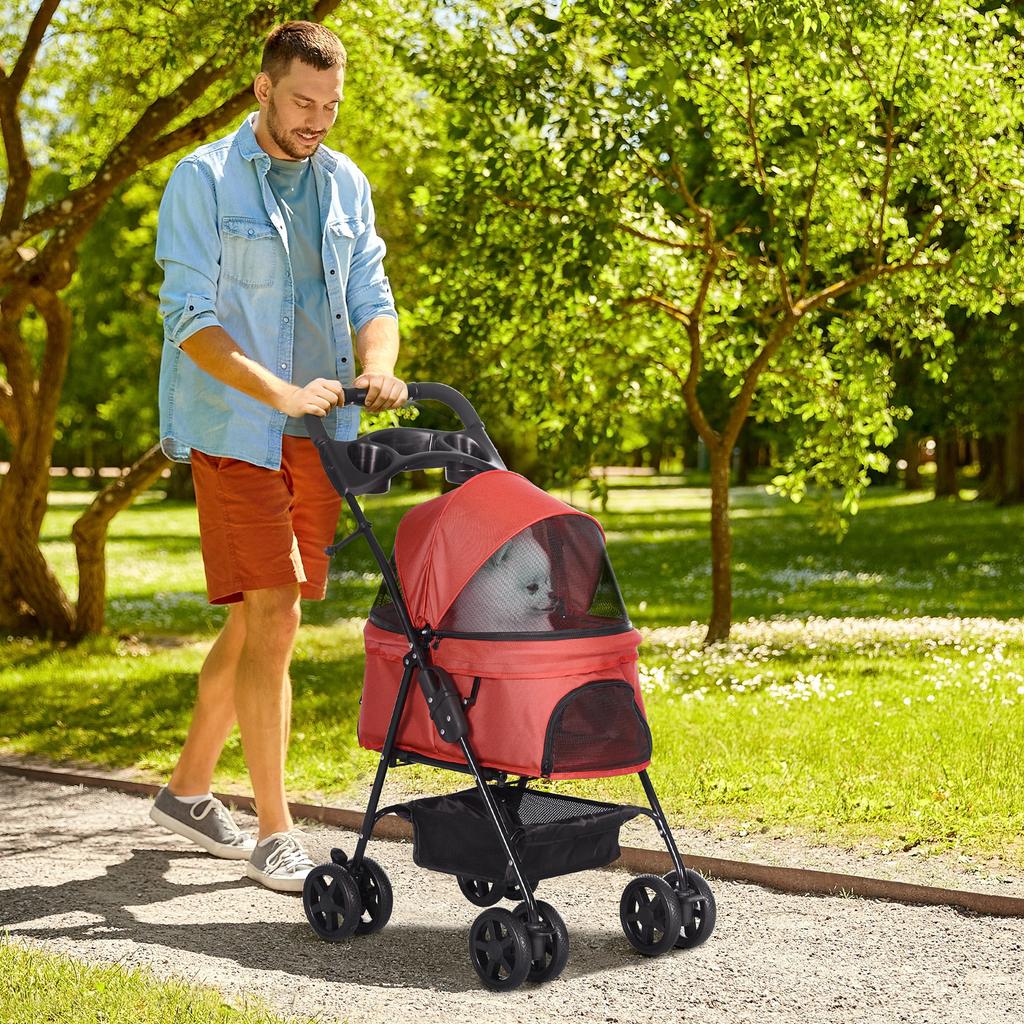 Dog Buggy, Foldable, Mesh Window, Removable Roof, Cup Holder, Bottom Basket, Metal Frame, Red, 67 x 45 x 96 cm