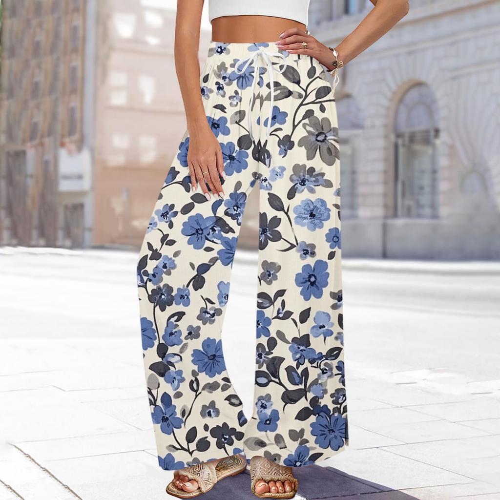 Women's Printed Wide Leg Pants With Pockets High Waist Drawstring Loose Casual Pants