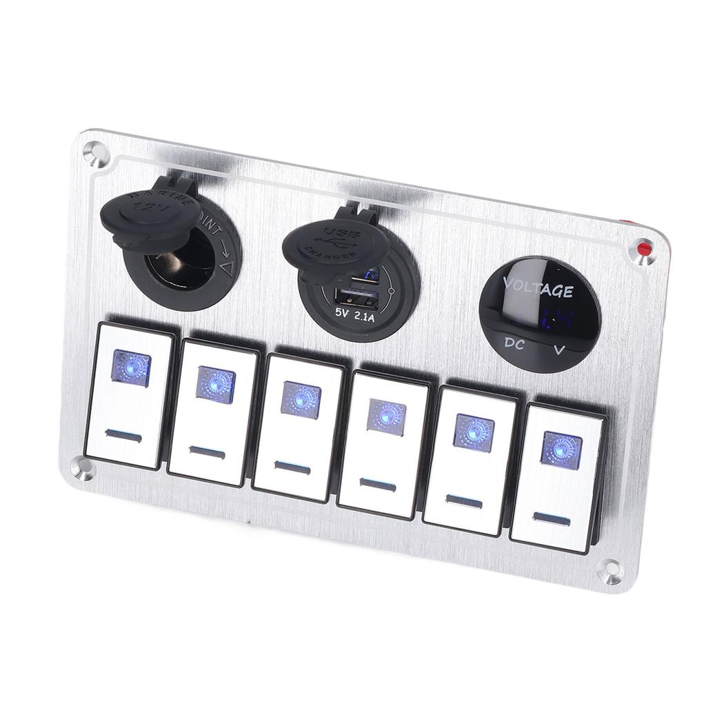 Панель переключателей Rocker Switch 6 Gang On Off Blue LED Light 2.1A Dual USB Charger Port Алюминиевый сплав для автомобиля