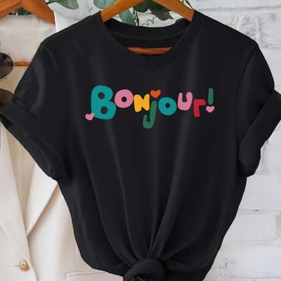 S Повседневная футболка с коротким рукавом и круглым вырезом - Черная Bonjour! Яркий топ с принтом букв, летний, с рукавами, уличный стиль Харадзюку