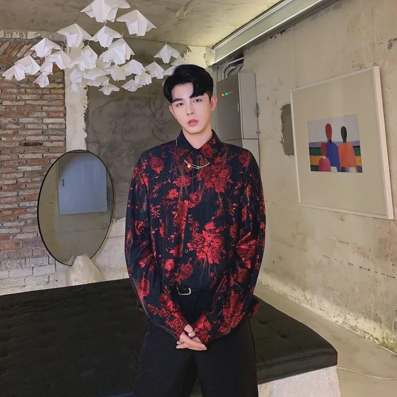 Men's Retro Rose Print Loose Western-Style Shiny Shirt for Trendy Hairdressers