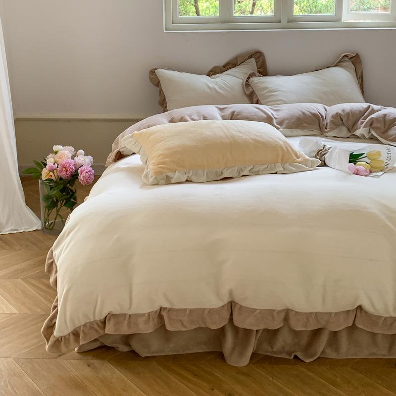 Ins Solid Milk Velvet Four Piece Lace Coral Velvet Quilt Cover Thickened Warm Bed Sheet Flannel Bedding