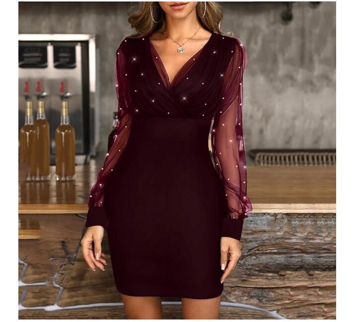 Mesh Stitching Shiny Dress Women Spring Sexy V-neck Slim Short Dress Party Long Sleeve Dresses Female Vestidos Elegant 18333