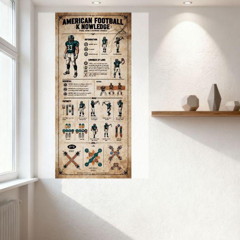 Vintage American Football Knowledge Rules Metal Tin Sign, Formation & Muscles Illustration, Gear & Positions Decor, Retro Educat