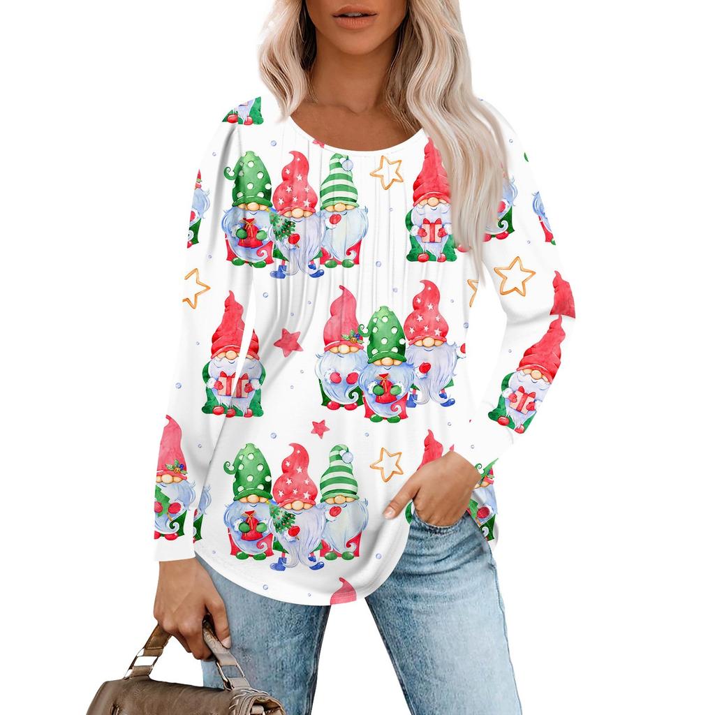 Женская повседневная футболка с круглым вырезом и длинными рукавами с рождественским принтом и складками