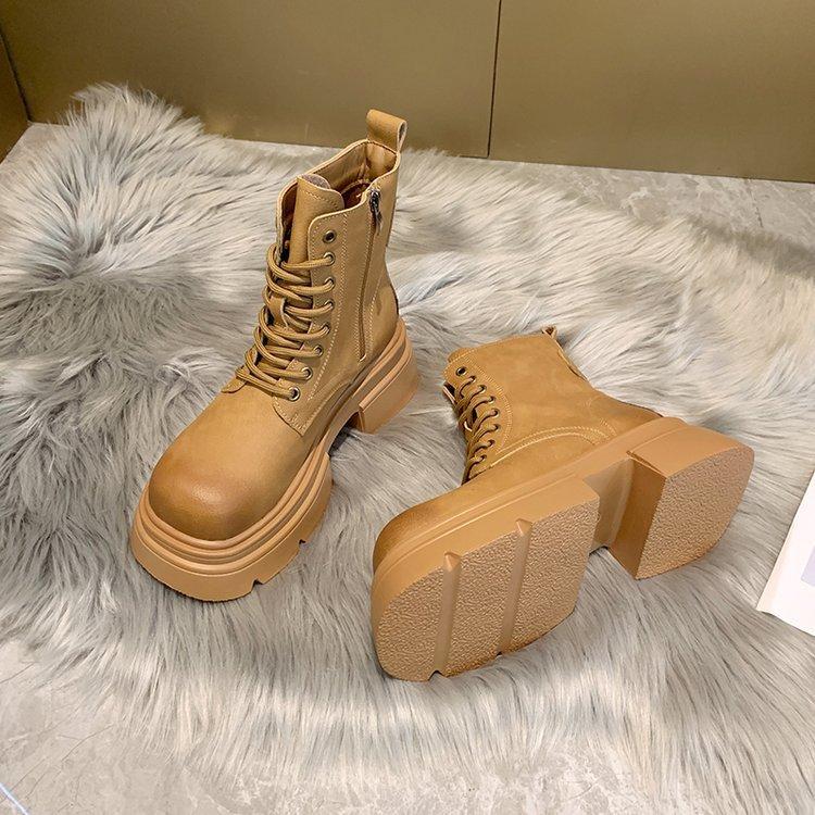 Vintage Rub Color Thick Bottom Boots Female 24 Autumn Hundreds of Short Biker Boots Yellow Boots