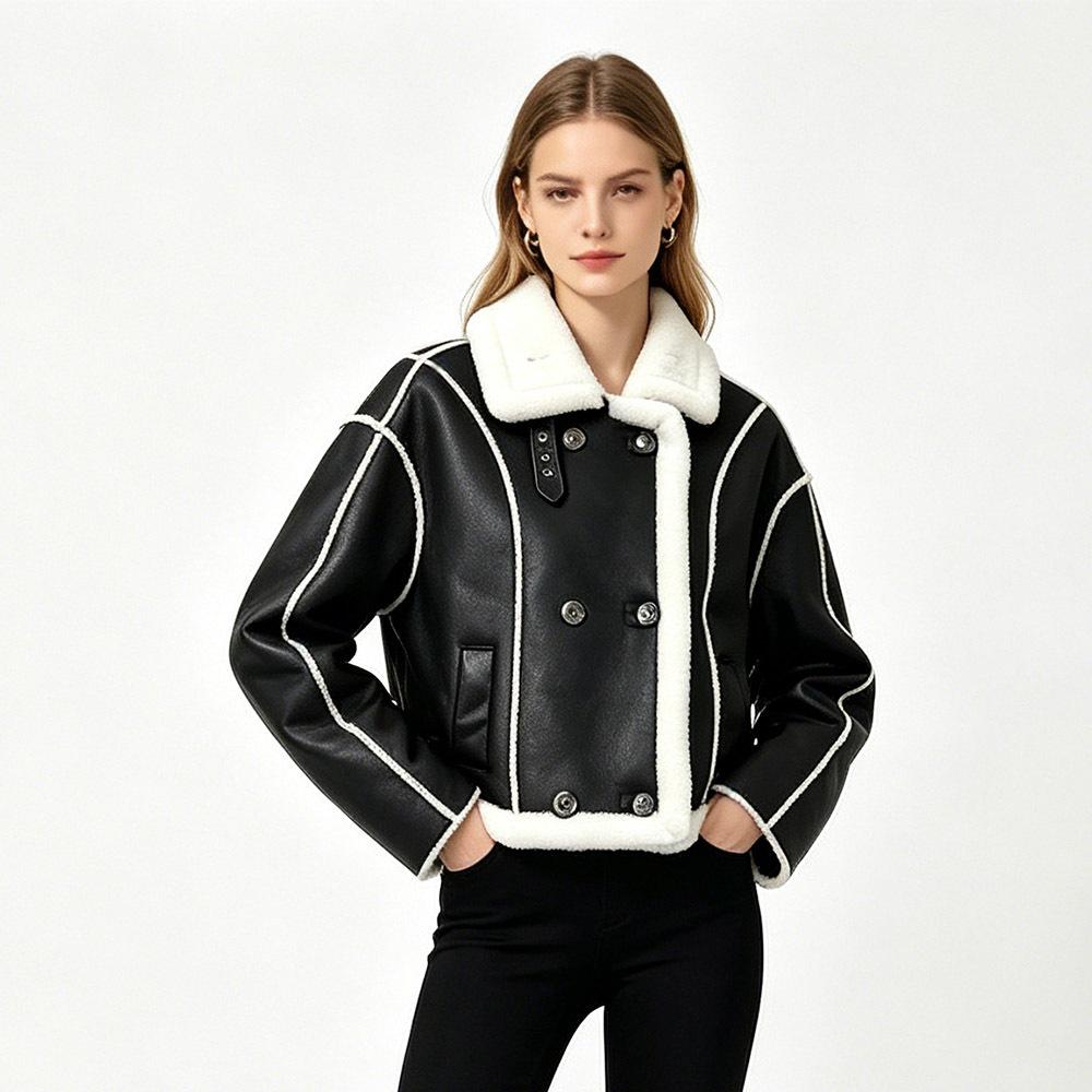 Lapel jacket new women's jacket autumn and winter splicing lamb fur fur integrated women's jacket retro locomotive clothing