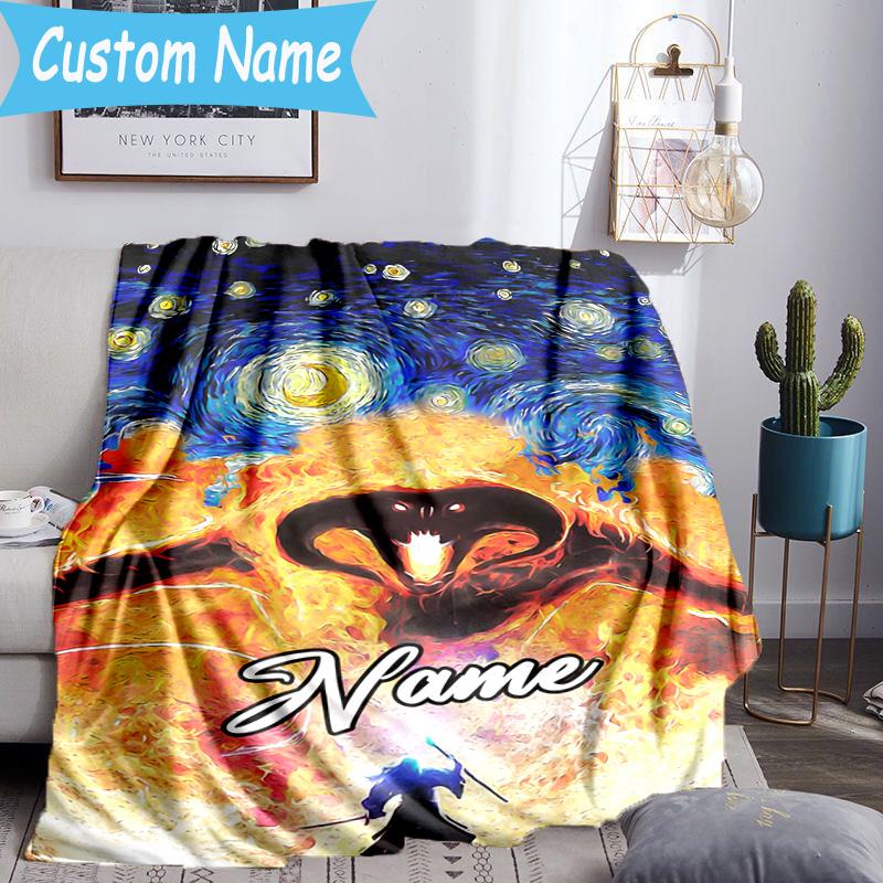 1PC Custom Name Flame Sword: Lord Battle Throws Blanket Flannel Blankets for Couch Bed Gifts for Men Women Travel Picnic Christmas fan Gifts