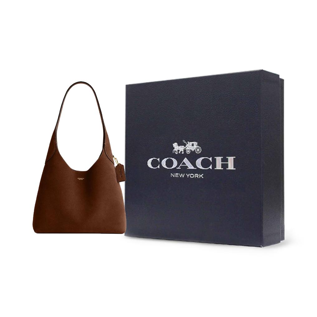 Coach Сумка-тоут на плечо Brooklyn 28 с логотипом, замша и фактурная кожа, большая женская сумка, темно-коричневая, CW637-B4WBR