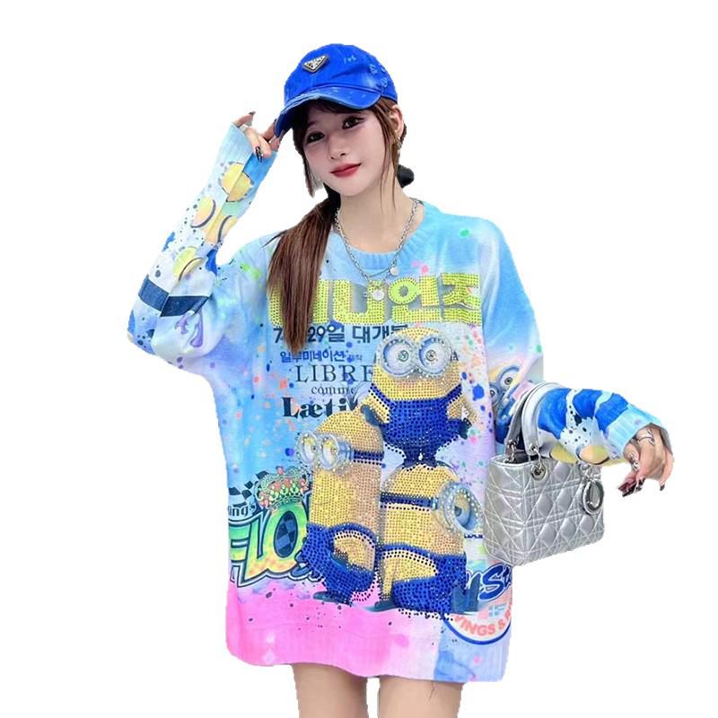 Korean Style Rhinestone Knit Sweater for Women - 2026 Autumn/Winter Plus Size Slimming Top