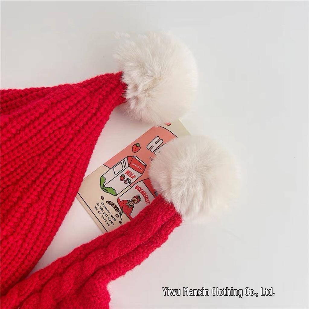 Детская праздничная теплая вязаная шерстяная шапка - Красный плюш для Рождества и Нового года