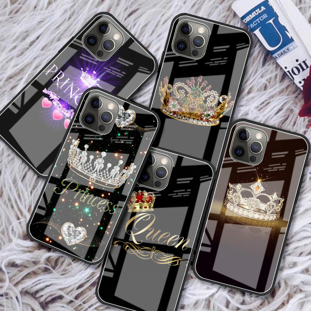 Стеклянный чехол с принтом алмазной короны для iPhone 11 13 12 14 Pro XR X XS Max 7 8 6 6S Plus SE 2020, чехлы для телефонов с закаленным черным краем