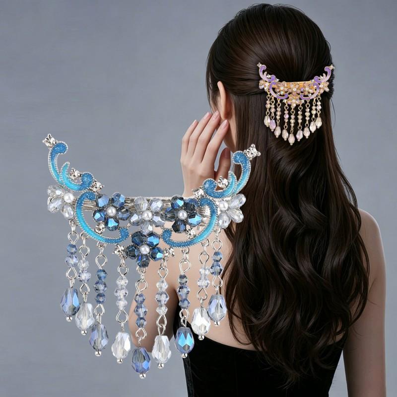 Handmade Layered Crystal Duckbill Hair Clip With Blue Enamel Tassel Korean Style Elegant Bun Accessory Women