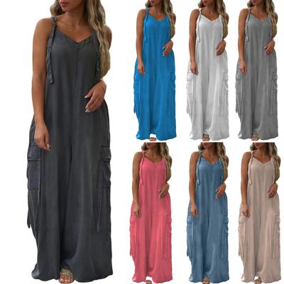 Женский модный повседневный свободный однотонный комбинезон с карманами и V-образным вырезом