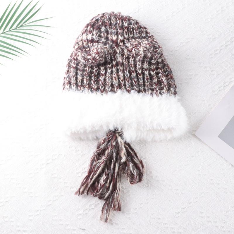 Autumn and Winter Cute Ears Big Head Circumference Colorful Thick Wool Female Warm Face Small Plush Contrasting Color Hat Knitted Hat