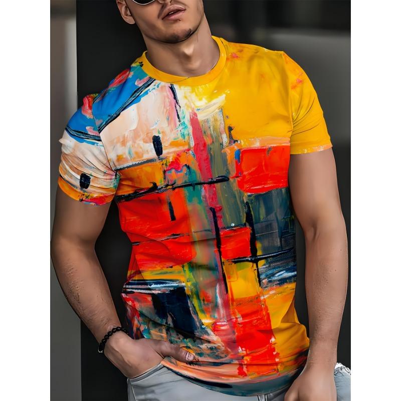Men's Colorful Abstract Oil Painting Print T-Shirt Casual O-Neck Short Sleeve Art Fashion Graphic Tee Daily Tops