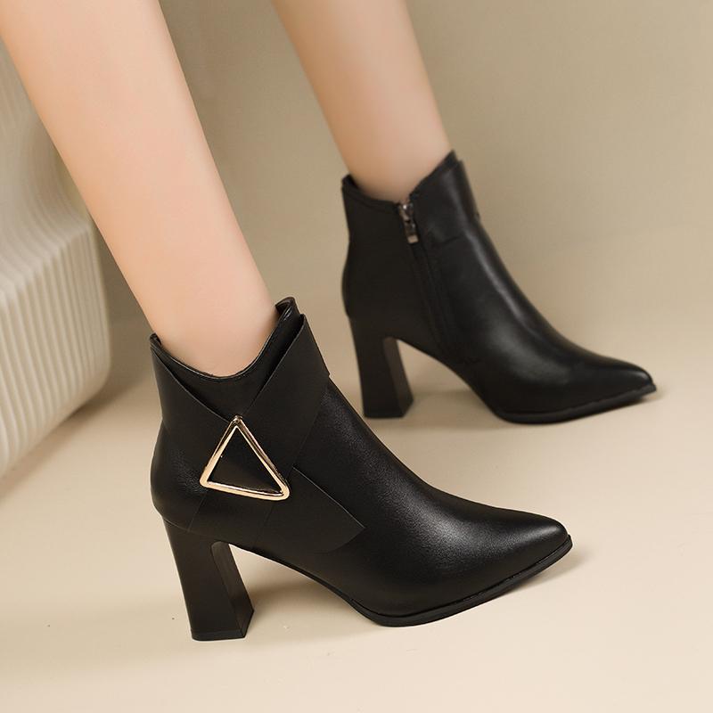Women's High Heels Short Boots Spring Autumn Belt Buckle Ankle Boots Female Bottes High Top Leather Shoes Waterproof Woman Pumps