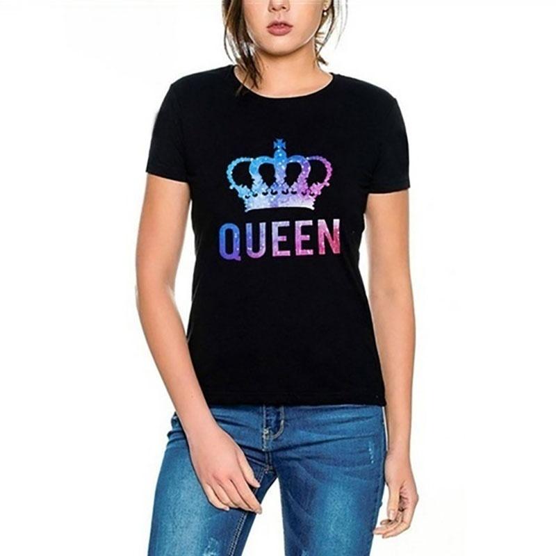 Летние хлопковые футболки с принтом King Queen, футболки с короткими рукавами для пар, мужские и женские повседневные футболки с графическим рисунком, футболки