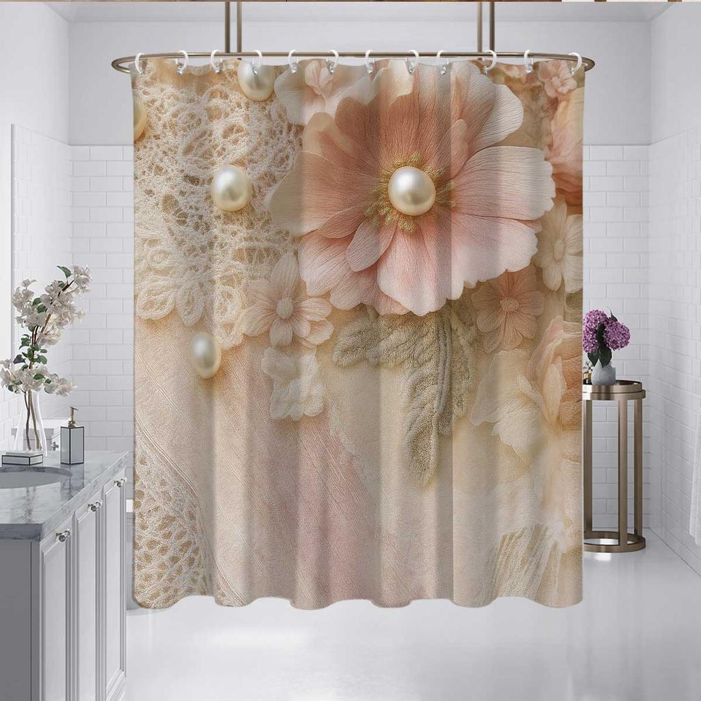 1PC Pearl Floral Pattern Printed Shower Curtain, Rural Life Style, with 12 Hooks, Bathroom Showers, Bathtub, Home Use