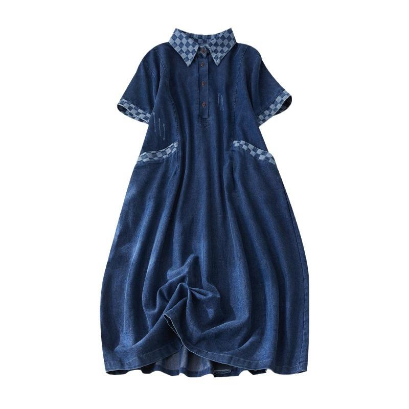 2025 летняя новая женская одежда больших размеров для полных мм средней и длинной верхней одежды с тонкой талией и коротким рукавом джинсовое платье для женщин