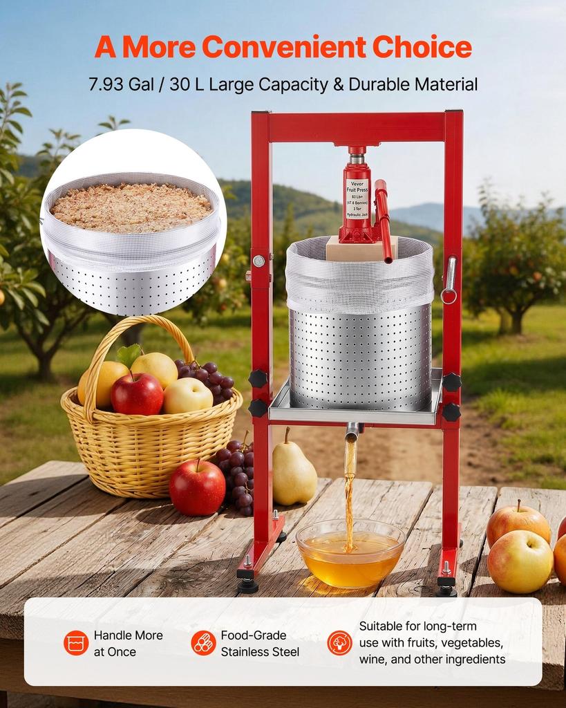 Hydraulic Fruit Wine Press, 7.93Gal/30L, Stainless Steel Heavy Duty Manual Juice Maker, Cider Apple Grape Vegetable Crusher, Cheese/Tincture/Herbal
