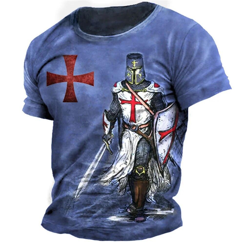 Retro Knights Templar Print Men's T-shirts Summer Loose Polyester Short Sleeve Male Tops Crusader Soldier Clothing Apparel