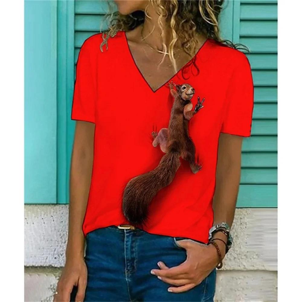 Летние футболки с изображением животных и забавной белки в формате 3D, женская повседневная уличная одежда, футболка с коротким рукавом и V-образным вырезом, футболки Harajuku, топы, одежда