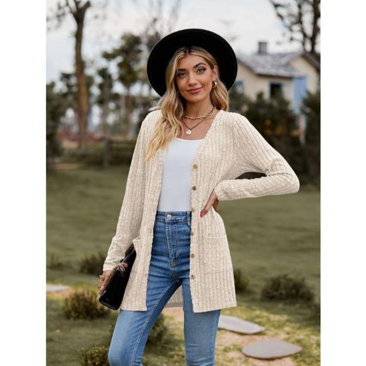 Women's Cardigan Sweater Long Sleeve Solid Color Striped Knit Autumn Winter Fashion