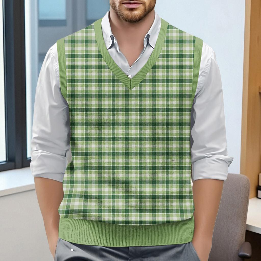 Мужской жилет без рукавов с клетчатым принтом и V-образным вырезом, вязаный джемпер