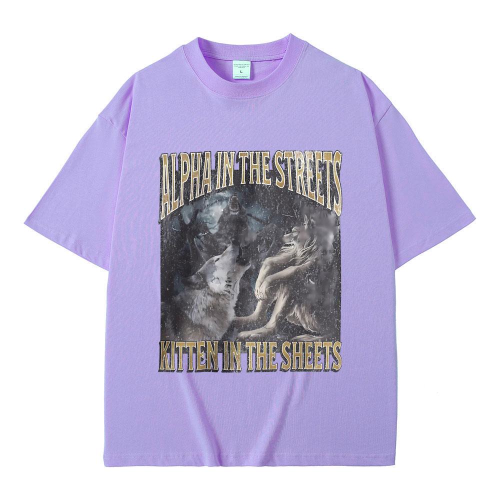 Альфа на улице, котенок в постели, смешная футболка с мемом про оборотня, мужская, женская, повседневная, оверсайз, уличная одежда, мужская модная футболка