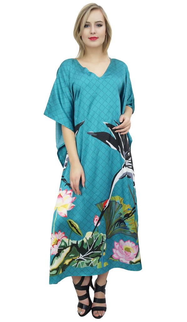 Bimba Женский атласный макси-кафтан с принтом птиц и цветов, бирюзовый