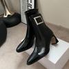 Short Boots Women'S Autumn And Winter Patent Leather Square Head High Heel Thick Heel Thin Boots Square Buckle Elastic Medium Boots