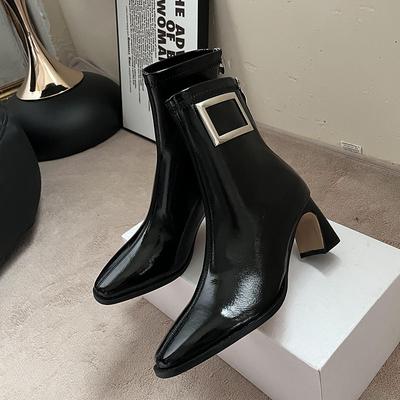 Короткие сапоги женские осенне-зимние лакированные кожаные квадратные сапоги на высоком толстом каблуке тонкие сапоги с квадратной пряжкой эластичные сапоги средней высоты