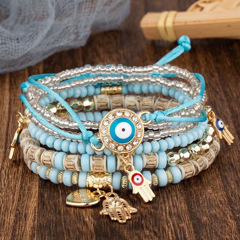 Богемия, бисер, глаз, сердце, кисточка, браслеты, корейские хрустальные бусины, эластичные веревочные браслеты, браслеты для женщин, очаровательные ювелирные изделия, подарки