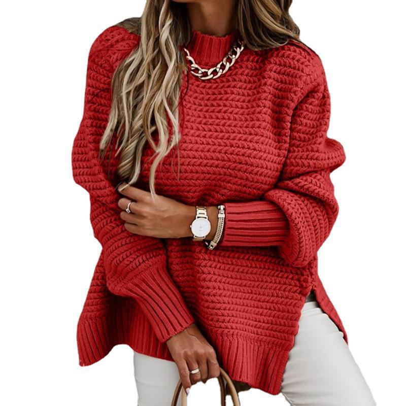 Womens Fall Winter Sweater Half Turtleneck Loose Fit Solid Color Long Sleeve Chunky Knit Side Slit