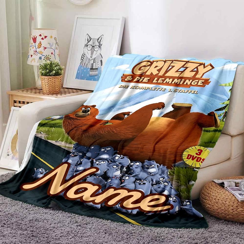 Custom Name Grizzly Lemmings Adventure flannel Blanket for Super Soft Cute Comfort Blanket for Travel Bedding Couch Sofa Blanket