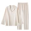 Мужской пижамный комплект из чистого хлопка и льна с воротником, четырехсезонный, тонкий, с длинным рукавом, брюки, хлопковая двухслойная марля, домашняя одежда для папы