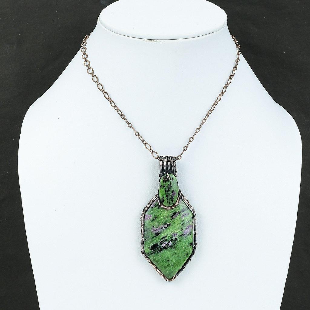 Кулон из рубина с цоизитом, кулон, обмотанный медной проволокой, кулон ручной работы, ювелирное изделие с рубином и цоизитом, кулон, обмотанный проволокой, медное ювелирное изделие для подарка