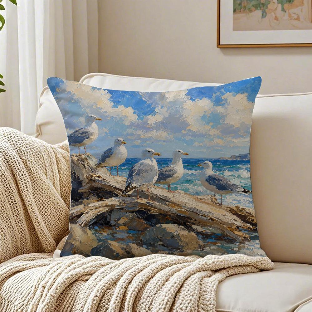 Seagulls On Beach Oceanic Artistic Cushion Cover Breathable Cushion Covers Machine Washable Wrinkle-Resistant Soft Durable