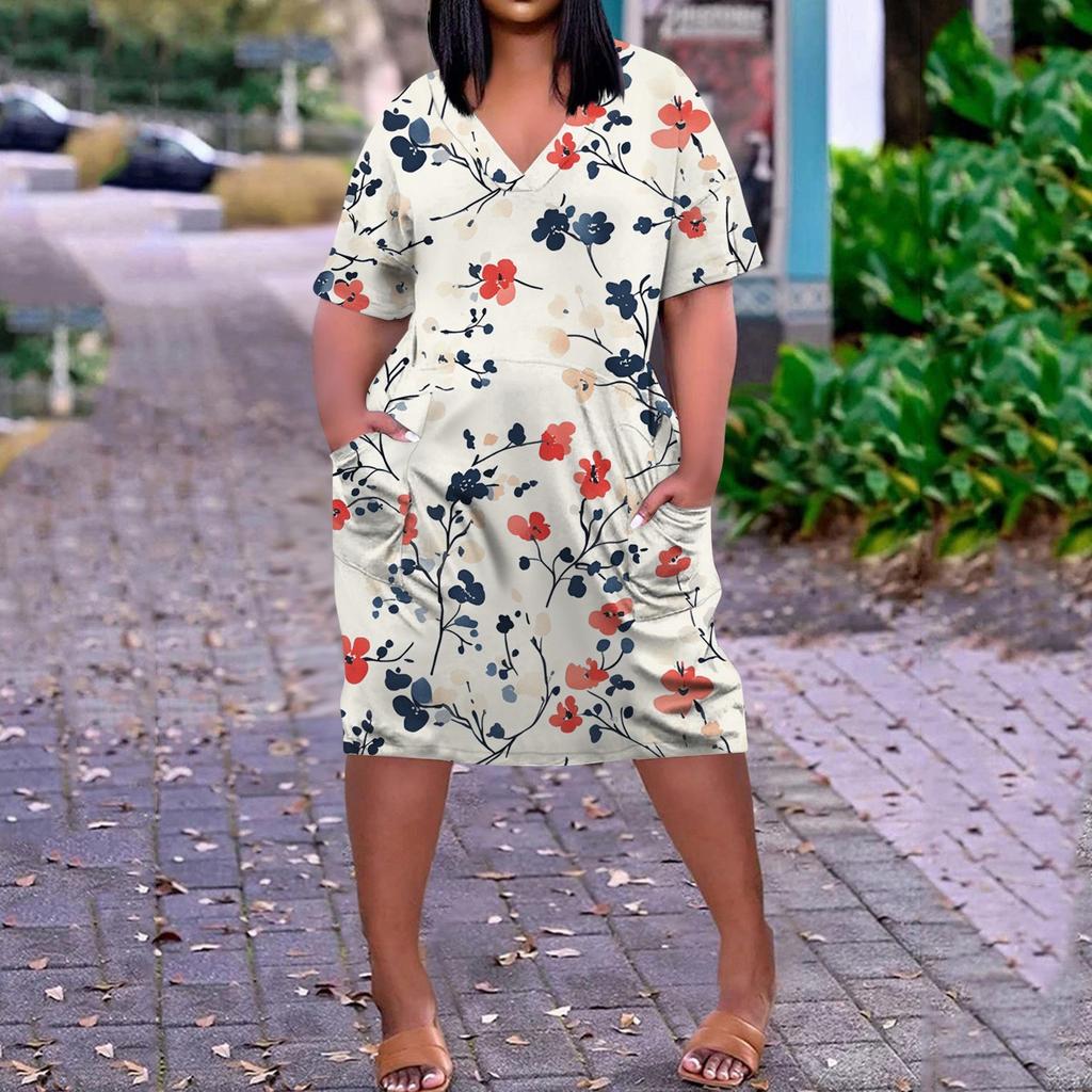 Летнее повседневное платье больших размеров с V-образным вырезом и коротким рукавом, карманом на колене для женщин