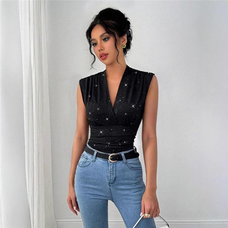 Летняя женская блузка с V-образным вырезом без рукавов, элегантная, с блестящими пайетками, для вечеринок, мероприятий, повседневной носки, стильный и удобный сезонный наряд для женщин