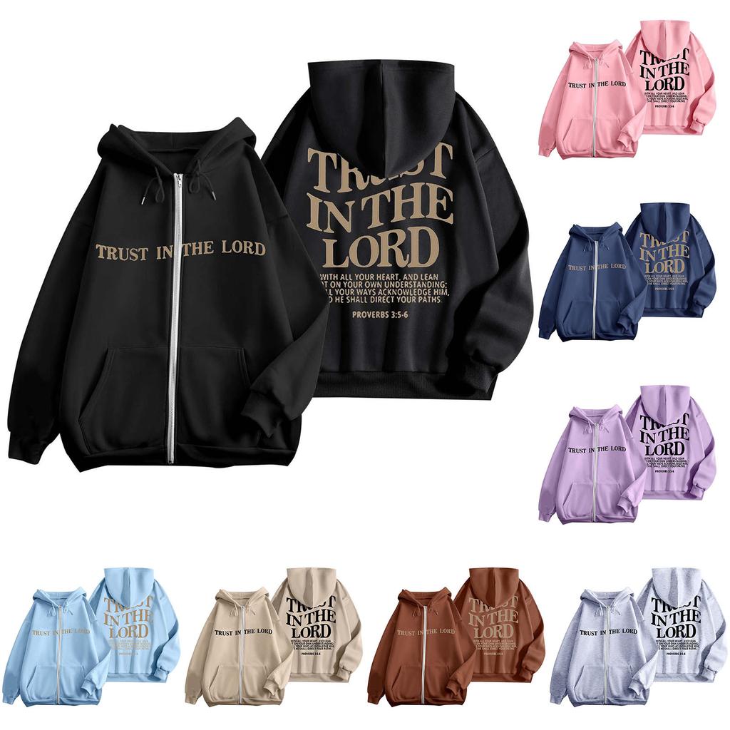 Women's Fashion Loose Casual Zip Printed Hooded Sweatshirt Jacket