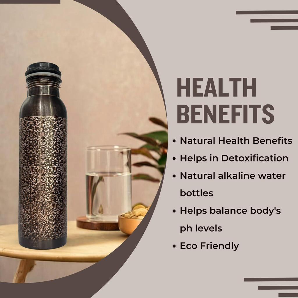 Медная бутылка для воды 1 л | Медная бутылка для воды с набором стаканов | Работа Минакари | 100% чистая | Герметичная | 2 стакана для воды по 300 мл каждый