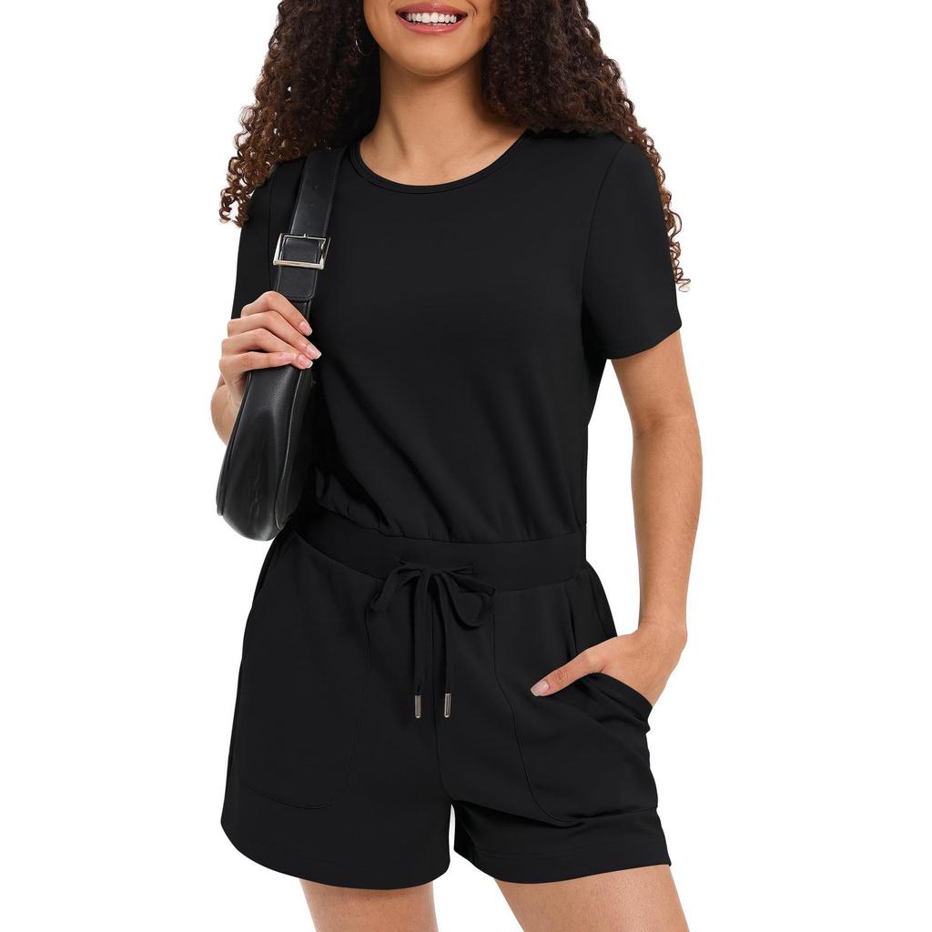 Цельные шорты, летние женские повседневные шорты с коротким рукавом, спортивный однотонный комбинезон с карманами, женская уличная одежда