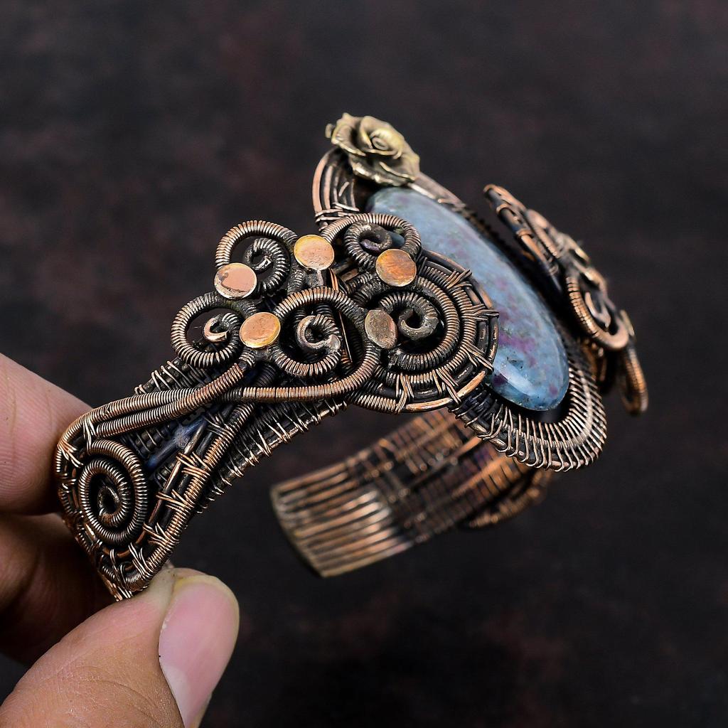 Ruby In Blue Kyanite Bangle Copper Wire Wrapped Cuff Bracelet Handmade Gemstone Jewelry Adjustable Cuff Bracelet Flower Jewelry Gift For Him